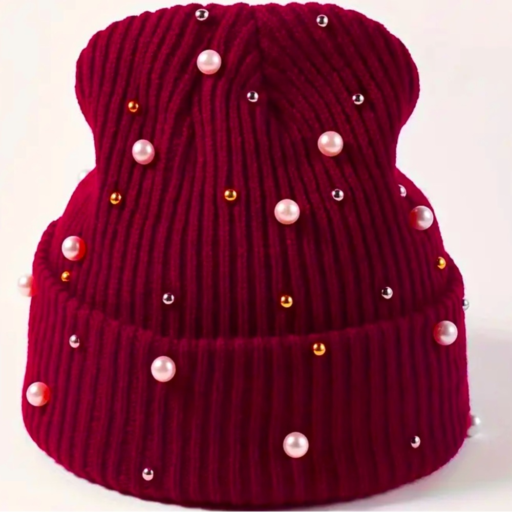 BURGUNDY Faux Pearl Decorated Knitted Beanie NWOT